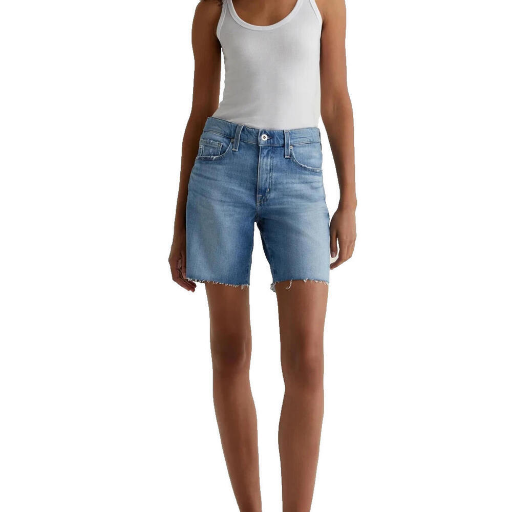 AG Denim Women's US27 Iris Blue Mid-Rise Bermuda Ex-Boyfriend Distresed Shorts